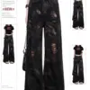 Women's Black Gothic Y2k Ripped Jeans Baggy Harajuku Denim Trousers Vintage Emo Jean Pants Japanese 2000s Style Trashy Clothes
