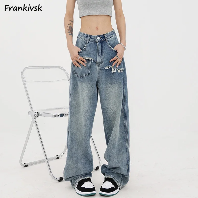 Patchwork Wide Leg Jeans Women Japanese Style Frayed Do Old Asymmetrical Loose Slouchy Full Length Hipster Stylish Spring Daily