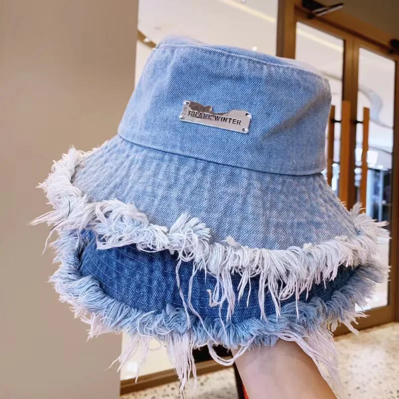 Fashion Rough Edge Ripped Denim Fisherman Hats Summer Women's Washed Old Bucket Hat Outdoor Ladies Big Eaves Sunshade Cap