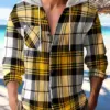 Men's Plaid Drawstring Hooded Street Daily Casual Long Sleeve Color Matching Chest Pocket Classic Cardigan Personality Sales