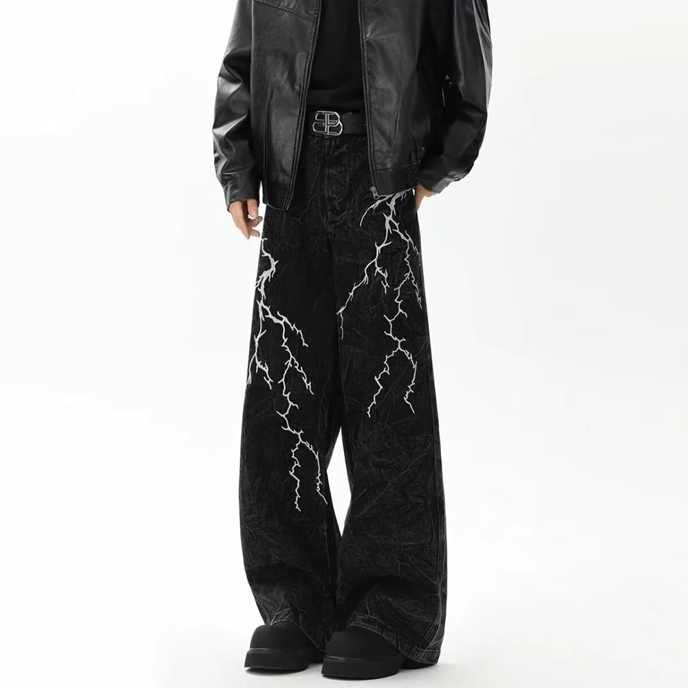 Niche Design Lightning Embroidery Wide-Leg Baggy Jeans Men 2025 Summer New Street Casual Design Sense Washed Luxury Y2k Trousers