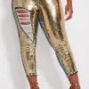 Plus Size Women's Jeans Cutout Skinny Party Jean Gold Ripped Sequin Denim Jean Ankle Length High Waist Trousers Patchwork Pants