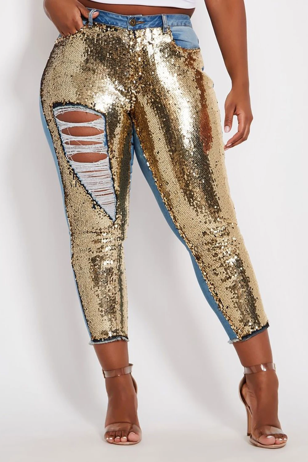 Plus Size Women's Jeans Cutout Skinny Party Jean Gold Ripped Sequin Denim Jean Ankle Length High Waist Trousers Patchwork Pants
