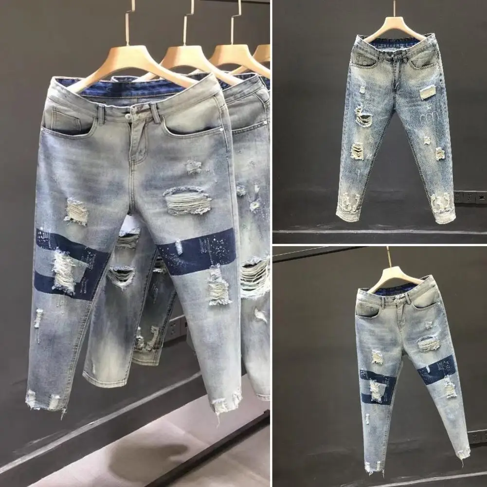 Simple Skinny Jeans Breathable Men Jeans Slim-fitting Slim Destroyed Jean with Holes Dress Up