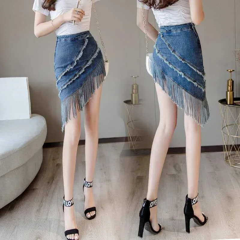 Fringe Gyaru Short Blue Wrap Women's Denim Skirt Tight Coquette Mini Sexy Female Jeans Skirts High Waist A Line Cheap 2024 Trend