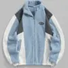 ZAFUL Men's Casual Colorblock Fleece Fluffy Zip Up Stand Collar Pocket Toggle Drawstring Applique Design Jacket