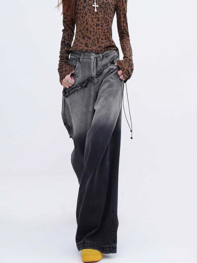 Tide Jeans Female American Washed Old Gradient Splicing Design Sense of Wide-leg Jeans Fall and Winter New Loose Straight Pants