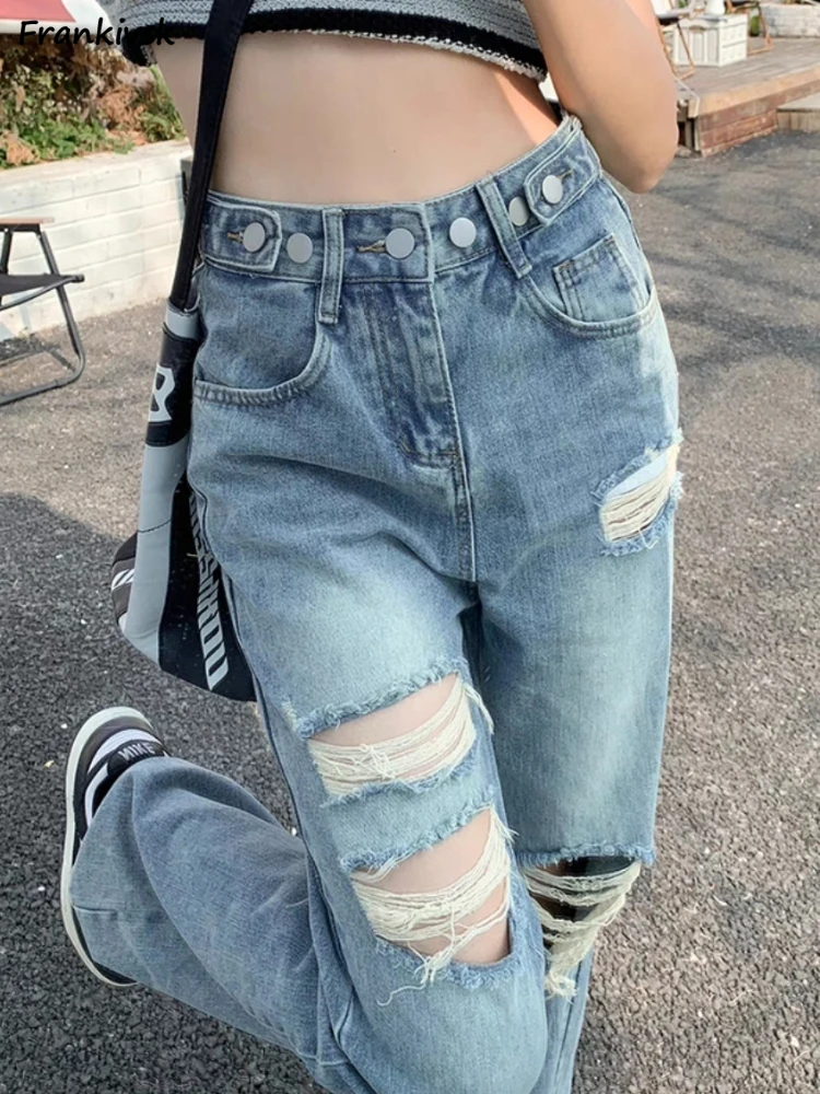 Jeans Women Hole Autumn High Street Youthful Breathable European Style Frayed Hollow Out Wide-leg Trousers Full Length Trendy
