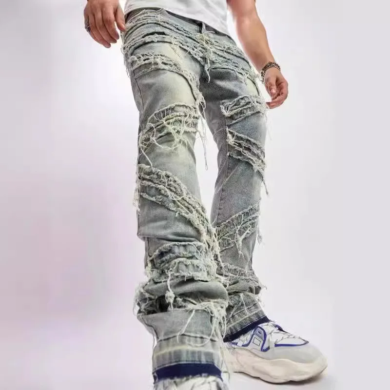 Ripped Men's Jeans Stretchy Denim Streetwear Tearing Patchwork Holes Ripped Denim Loose Casual Pants Slim Fit Straight Trousers