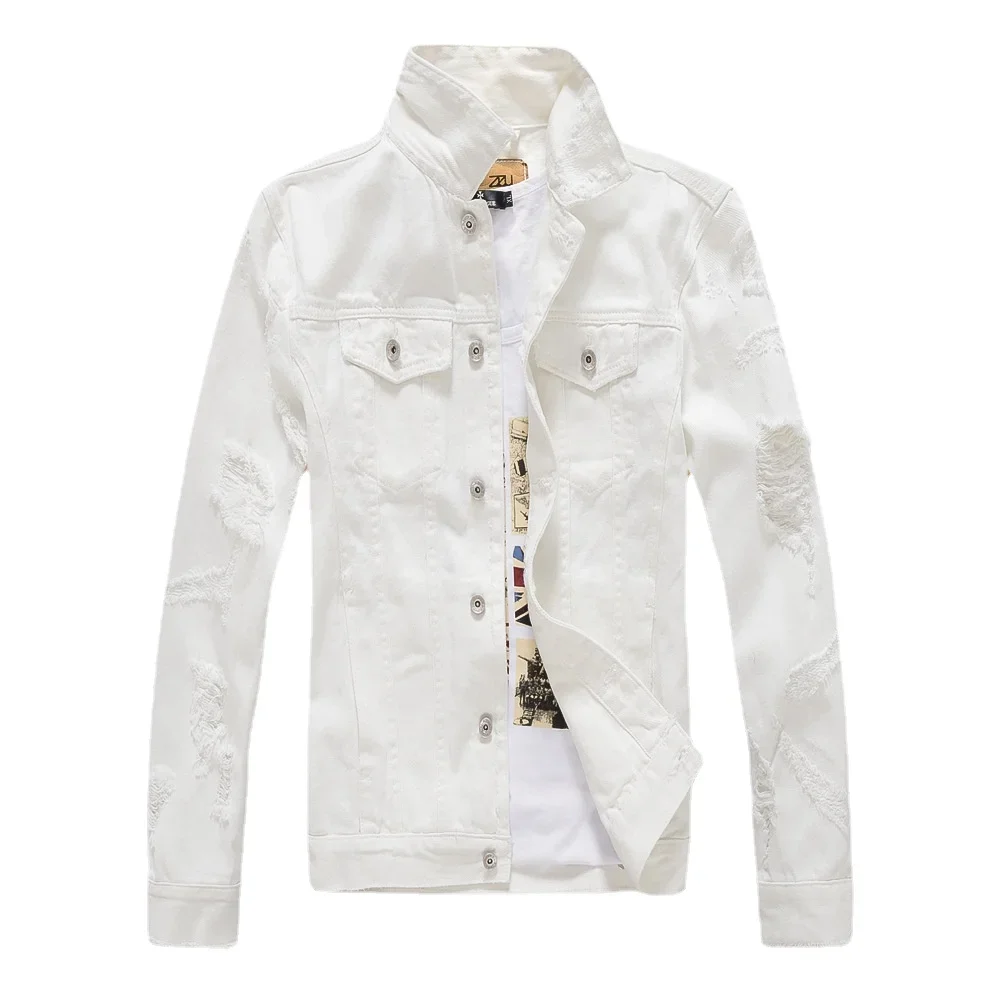 Men White Denim Jackets Holes Jeans Coats New Spring Autumn Solid Denim Coats Male Cotton Casual Fit Jeans Jackets Size 4XL