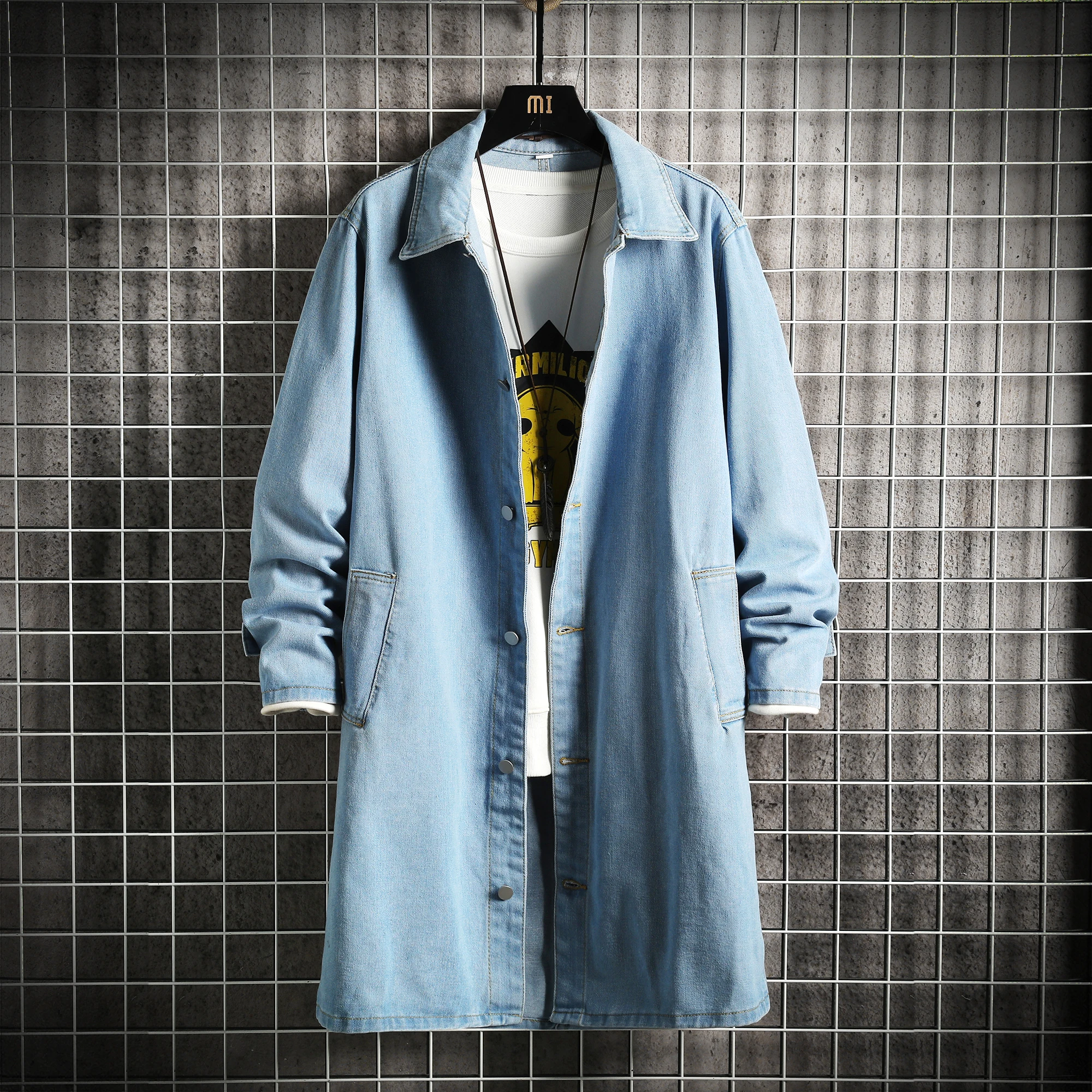 2023 Spring Men Denim Jacket Men Loose Mid-Length Denim Casual Coat Male Turn-Down Collar Trenchcoat Korean Fashion Outerwear