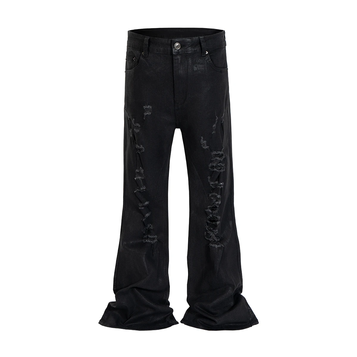High Street Ripped Damaged Coatted Wax Baggy Flare Pants for Men Straight Hole Frayed Leather Trousers Distressed Loose Cargos