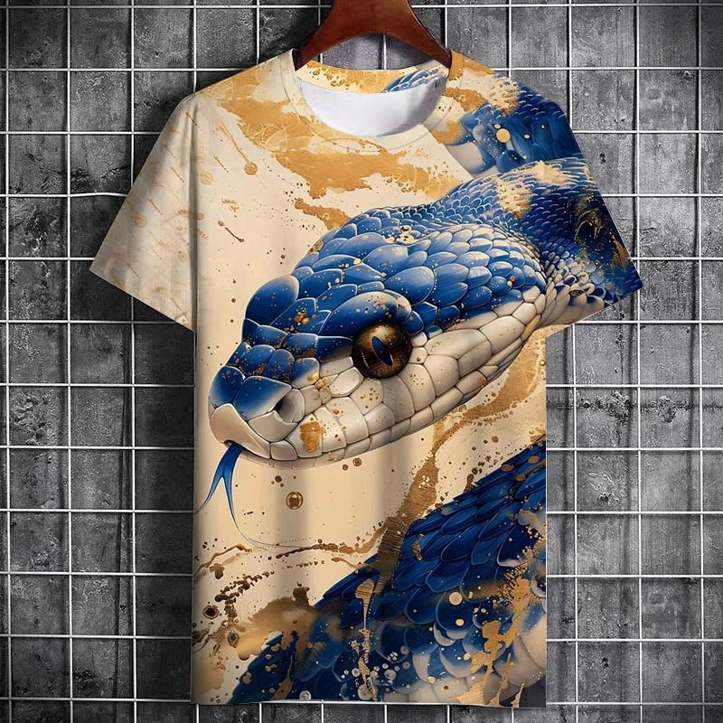 Snake Print Funny T-shirt Men Retro Graphic Design Street Harajuku O-neck T Shirts Personality Trend 2025 New Year Lucky Tee Top