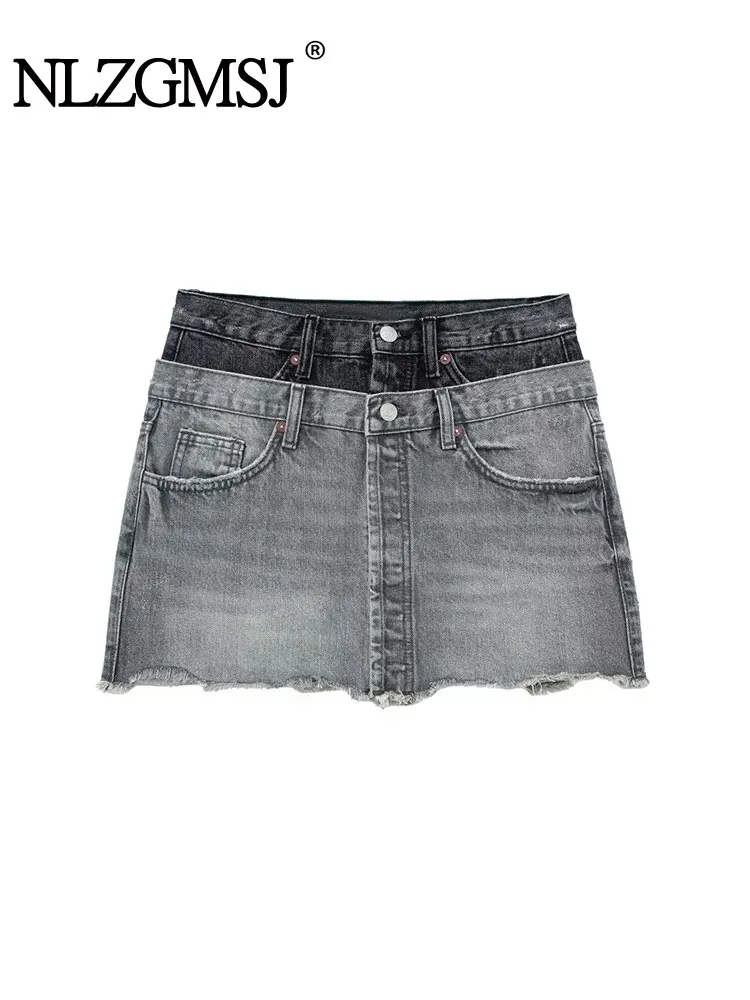 TRAF 2023 Autumn Fashion High Waist Wide Pleated Stitching Design Shorts Casual Hidden Button Denim Shorts Miniskirt