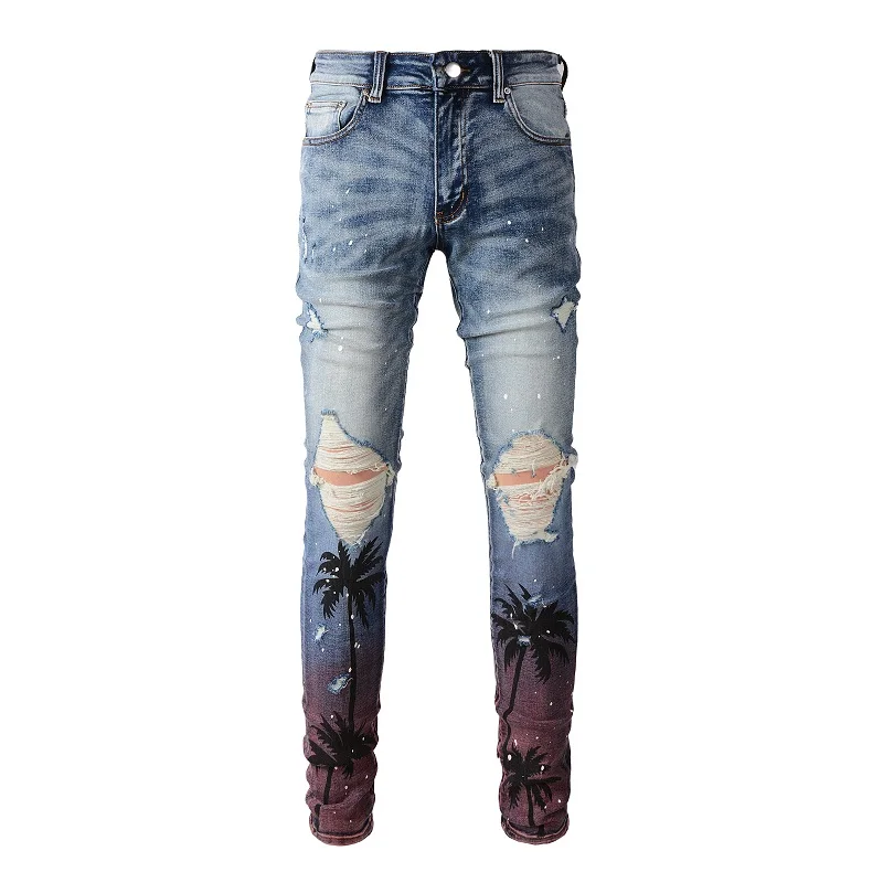 Men Coconut Palm Print Denim Jeans Streetwear Painted Skinny Tapered Stretch Pants Holes Ripped Distressed Trousers