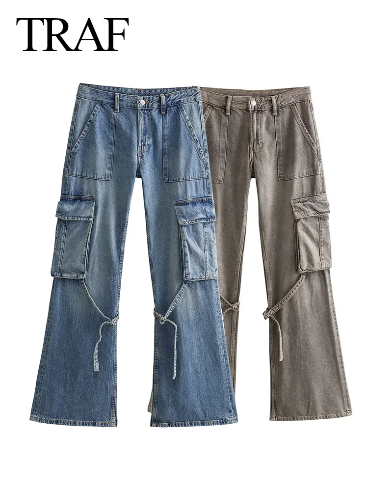 TRAF 2023 New Fashion Y2K Denim Jeans Casual Solid Color High Waist Pockets Trousers Female Wide Leg Pants Women Cargo Pants