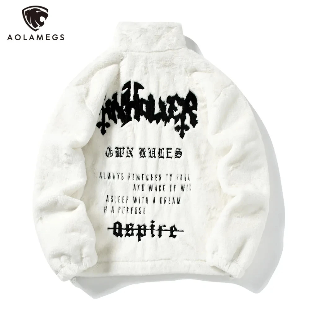 Men's Rabbit Fur Jacket Coats Hip Hop Retro Letter Print Autumn Fleece Jacket Streetwear Casual Fashion Harajuku Zipper Outwear