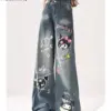 Sanrio Kuromi New Graffiti Jeans For Women High Waisted Wide Leg Demin Pants Y2k Girls Hip Hop Gothic Emo Jeans Korean Style Yk2