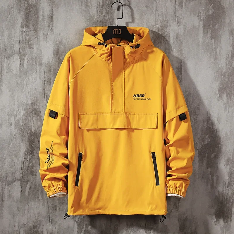 Men's Jacket Spring Autumn Trendy Thin Pullover Hooded Jackets Hip Hop Streetwear Male Casual Coat Yellow Outerwear Windbreaker