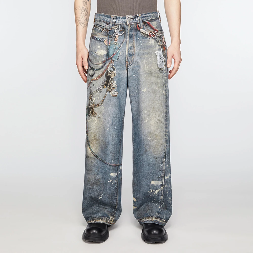 High Street Chain Print Frayed Washed Baggy Jeans for Men and Women Y2k Casual Loose Denim Trousers Ropa Hombre Casual Pants