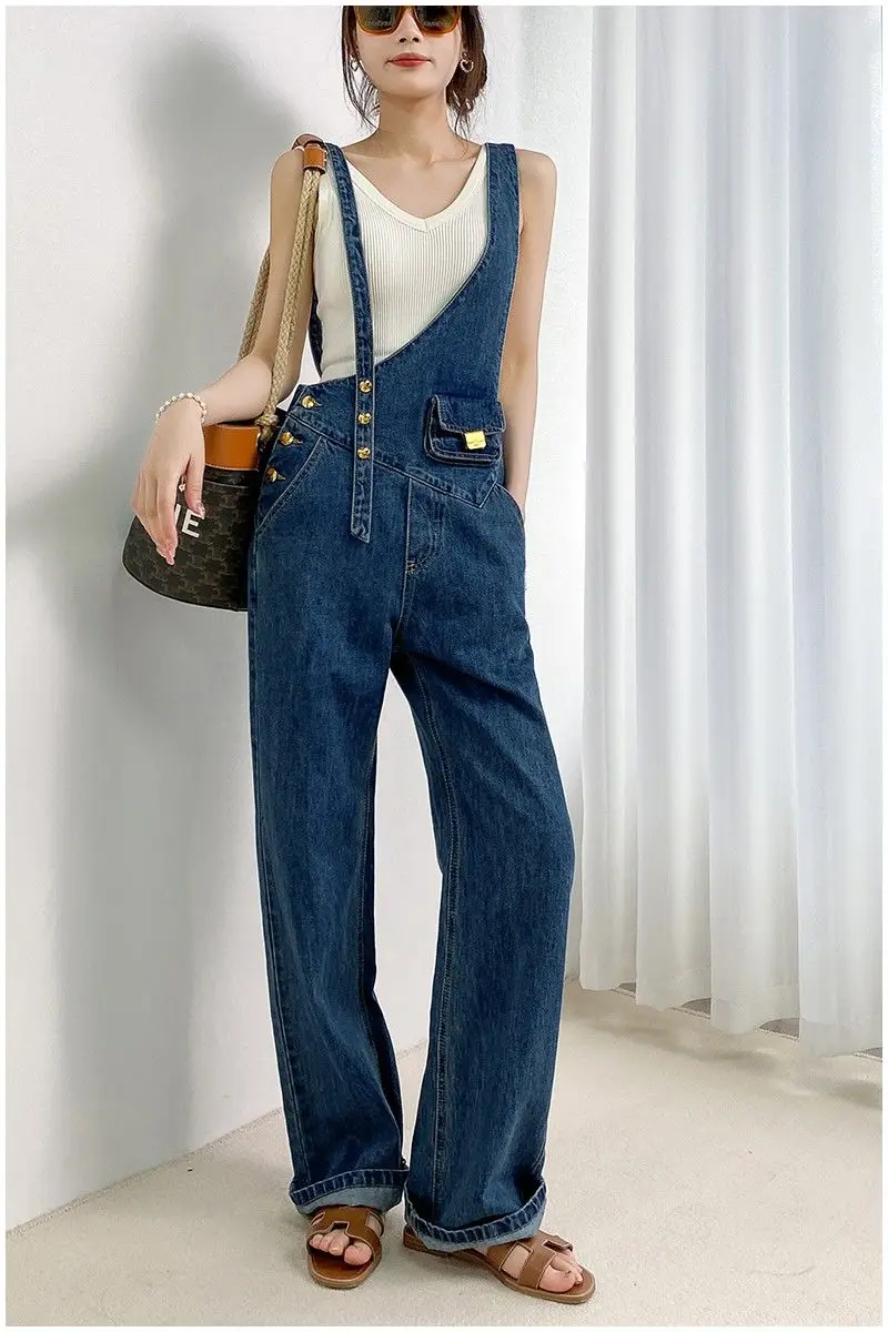 New Fashion Slouchy Baggy Jeans Women Clothes Ladies Streetwear Asymmetry Blue High Waisted Wide Legs Pocket Denim Strap Pants