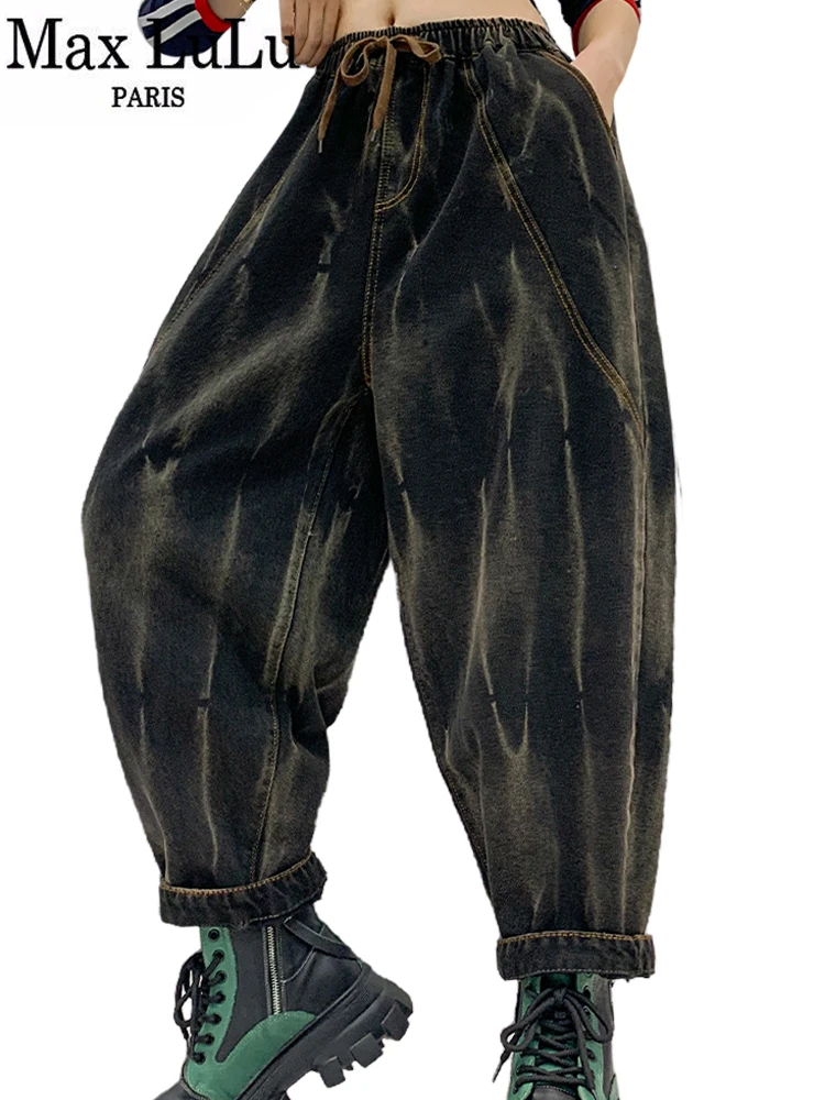 Max LuLu Brand 2024 Womens Fall Streetwear Jeans Fashion Loose Denim Pants Ladies Leisure Vintage Elastic Waist Harem Trousers
