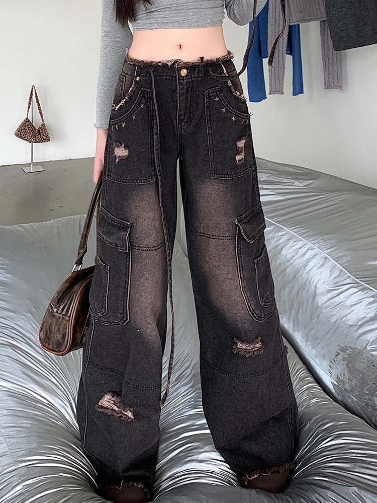 FIGOHR American vintage do old frayed burlap jeans women Y2K high street straight loose thin wide leg pants 2025