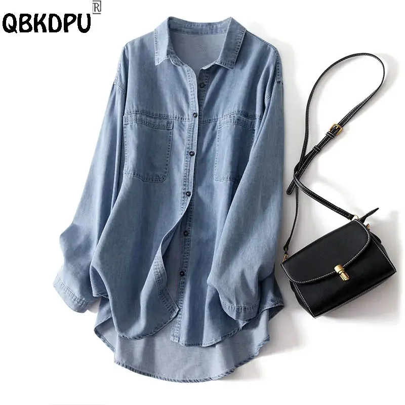Oversize 85kg Loose Basic Jean Shirts Women Polo Collar Classical Denim Blouses 2023 Spring Fall Pocket Wash Blue Casual Blusas