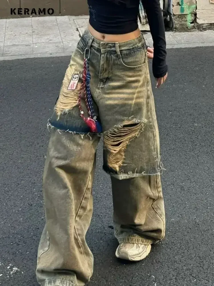 Grunge Vintage Ripped Harajuku Loose Fit Jeans Y2K Hollow Out Wide Leg Trashy Pants Women's Baggy Tassel Street Denim Trouser