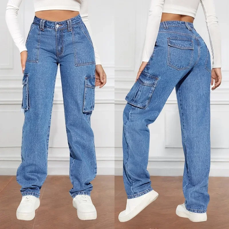 American Retro Mid-waist Multi-pocket Cargo Pants Jeans, Women's Casual Loose Straight Long Pants, Patchwork Jeans,Spring Autumn