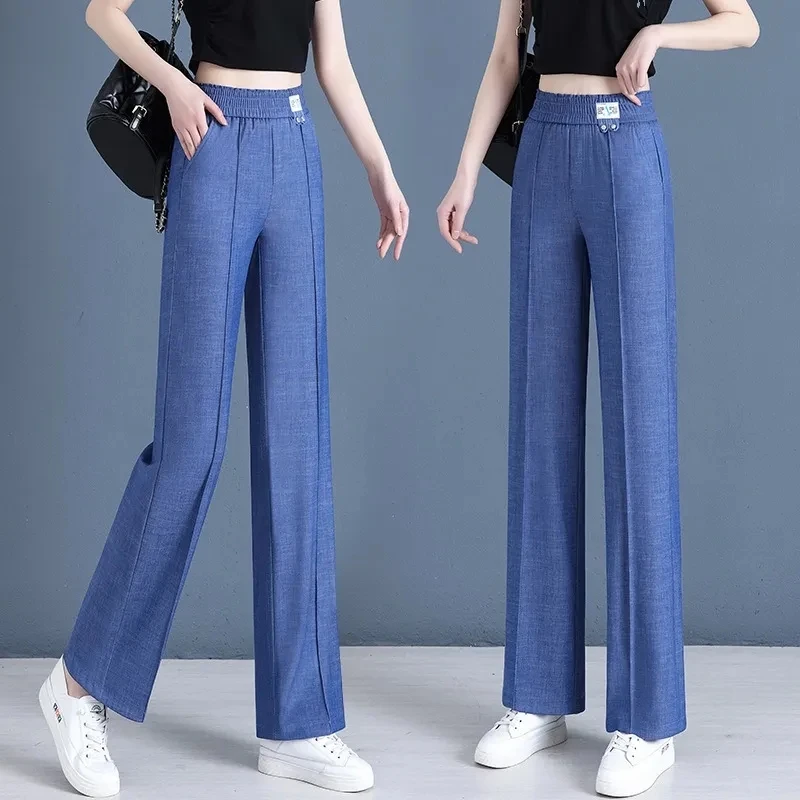 Summer Thin Jeans Female 2023New Elastic Waist Comfortable Straight Denim Pants Women Ice Silk Wide Leg Pant Blue Black Trousers