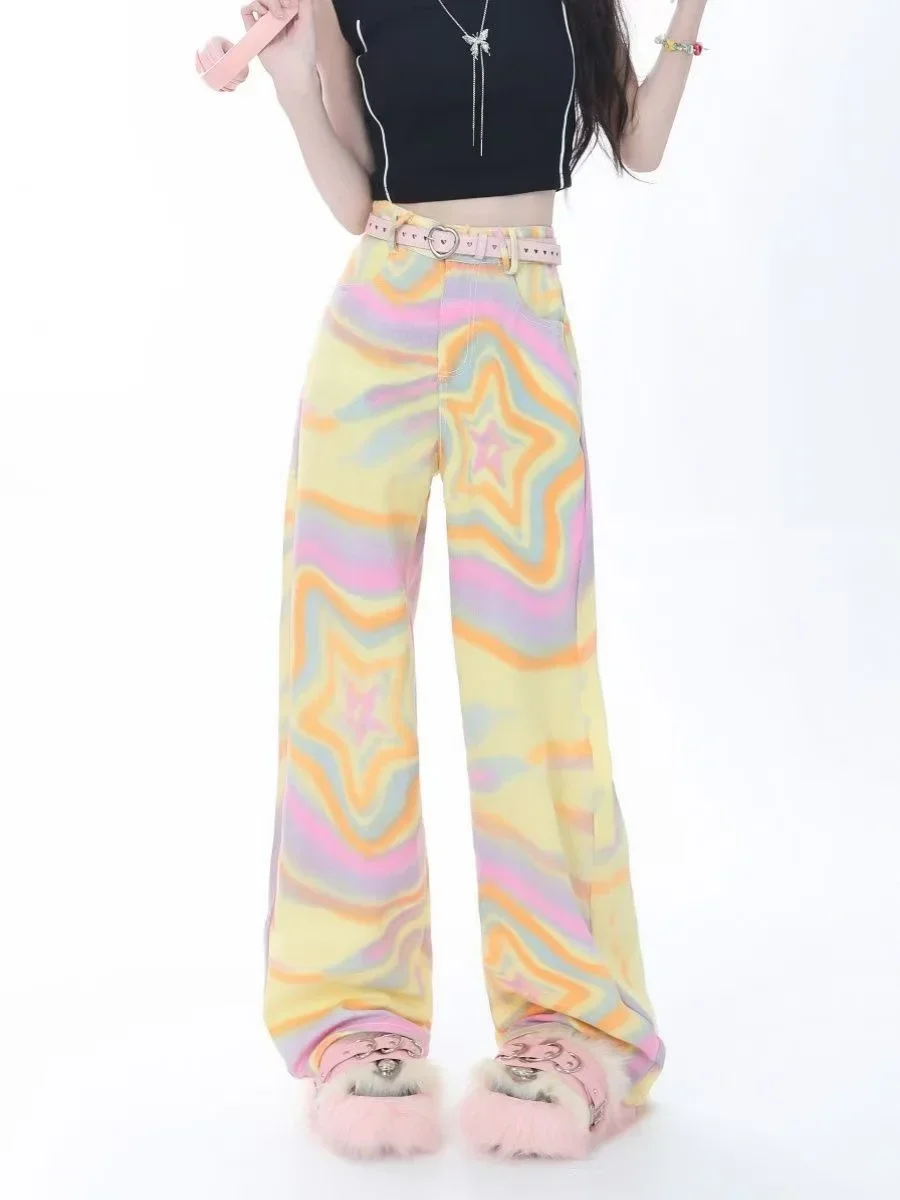 New Fashion Star Texture High Waist Wide Leg Pants Cargo Pants Women Fashion Jeans Female Harajuku Street Style Couple Clothes