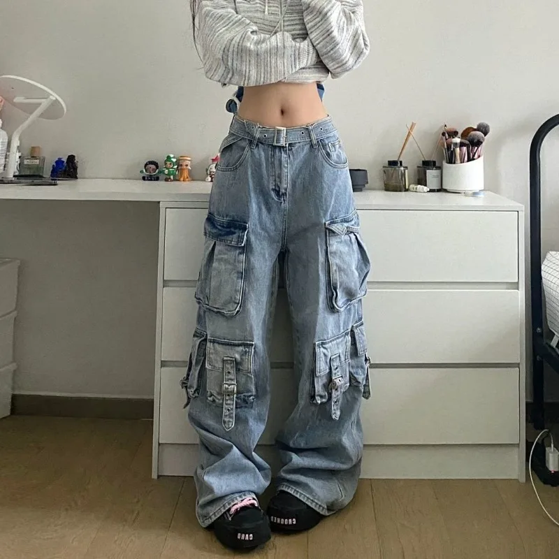 Multi-Pocket Heavy Lndustry Design Jeans American Street Workwear Female Y2K Gothic Fashion Punk Style Loose Floor Wide-leg Pant