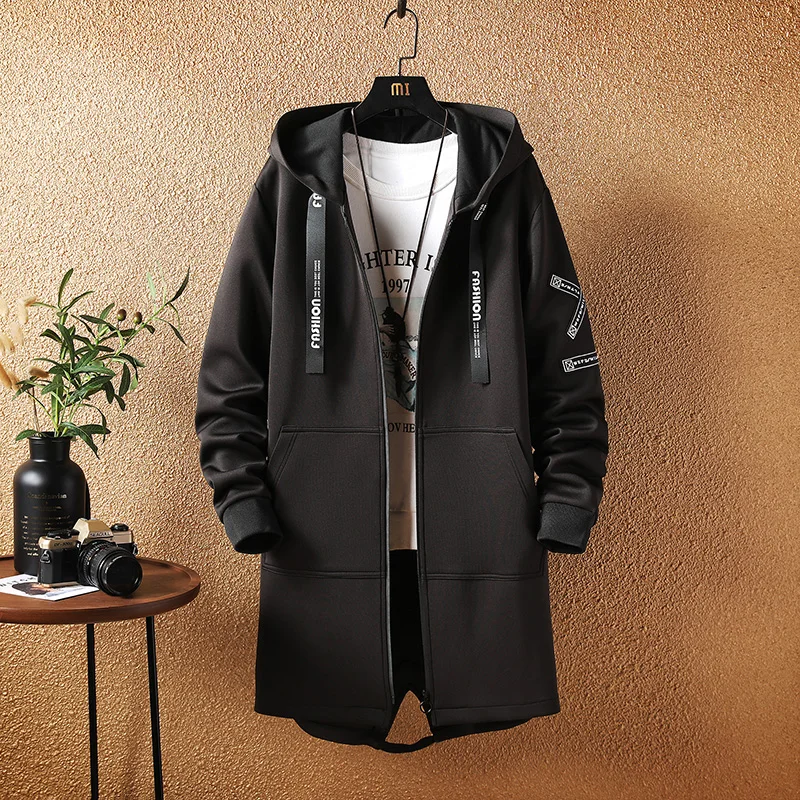 Men Jacket Men 5XL Print Hooded Long Coat Black 2024 Hip Hop Streetwear Men's Jackets Outwear