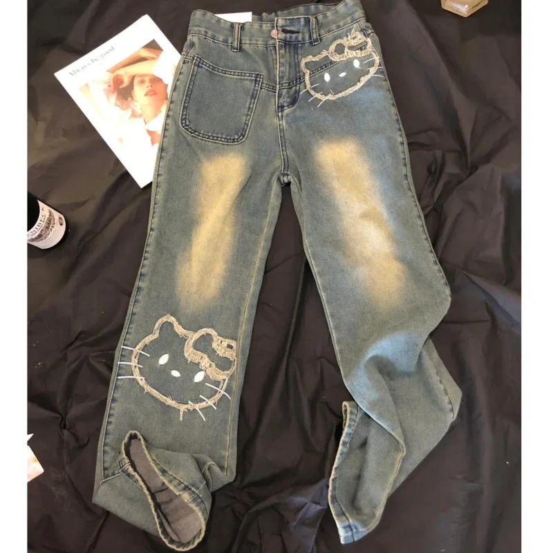 New Sanrio Hello Kitty Baggy Jeans Woman Wide Leg Trousers Y2k Embroidered Streetwear Straight High Waist Pants Denim Clothes