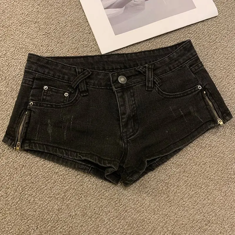 Black Denim Shorts Female Low Waist Hot Pants Zipper Split Sexy Bodycon Y2k Shorts