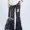Flare Jeans Women Hole Frayed Slim Geometric Pattern Y2k Trouser Korean Style Retro All-match Leisure Vintage Streetwear Gothic