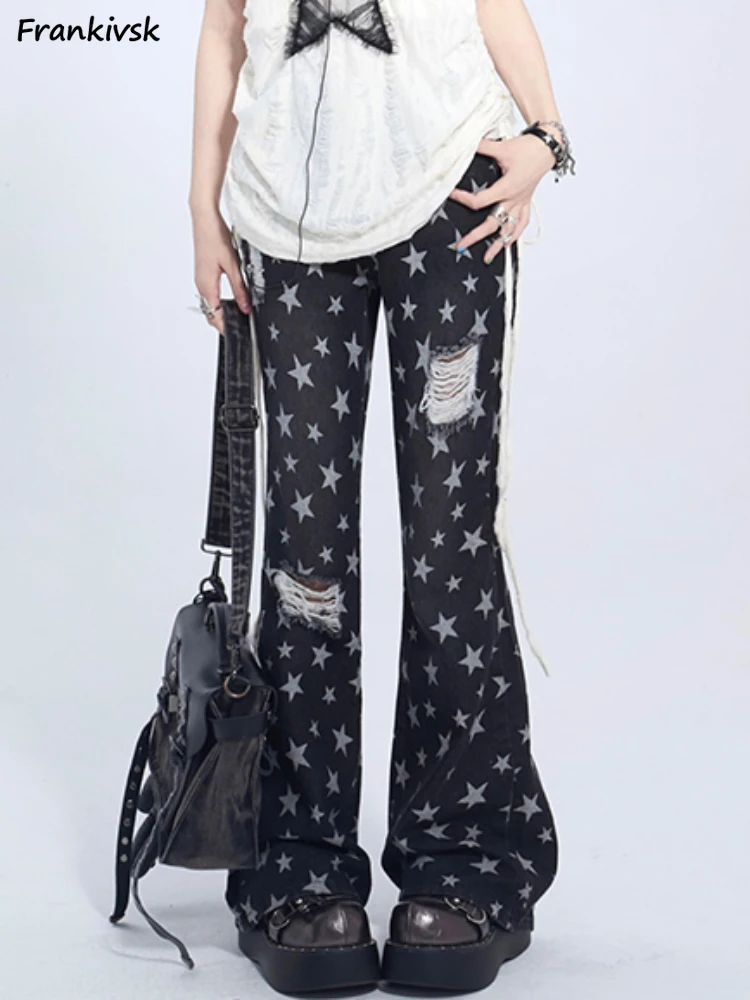 Flare Jeans Women Hole Frayed Slim Geometric Pattern Y2k Trouser Korean Style Retro All-match Leisure Vintage Streetwear Gothic