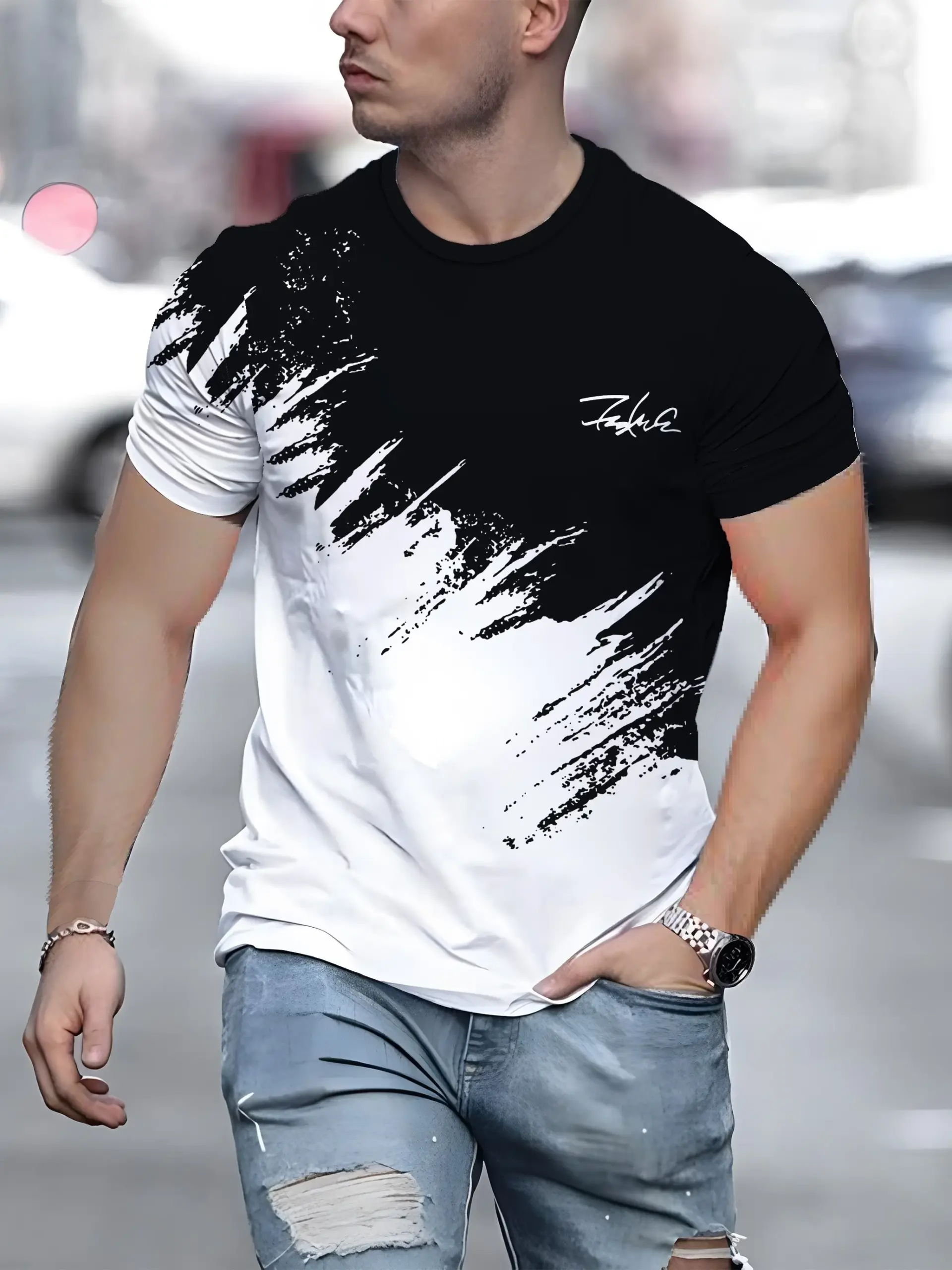 Summer men's 3D printed round neck T-shirt casual outdoor pullover street sports loose top fashionable casual plus size clothing