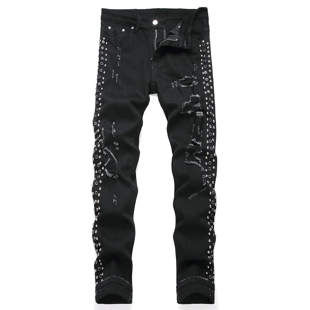 Men Punk Rivet Crystal Black Jeans Holes Ripped Denim Pants Streetwear Slim Tapered Stretch Trousers