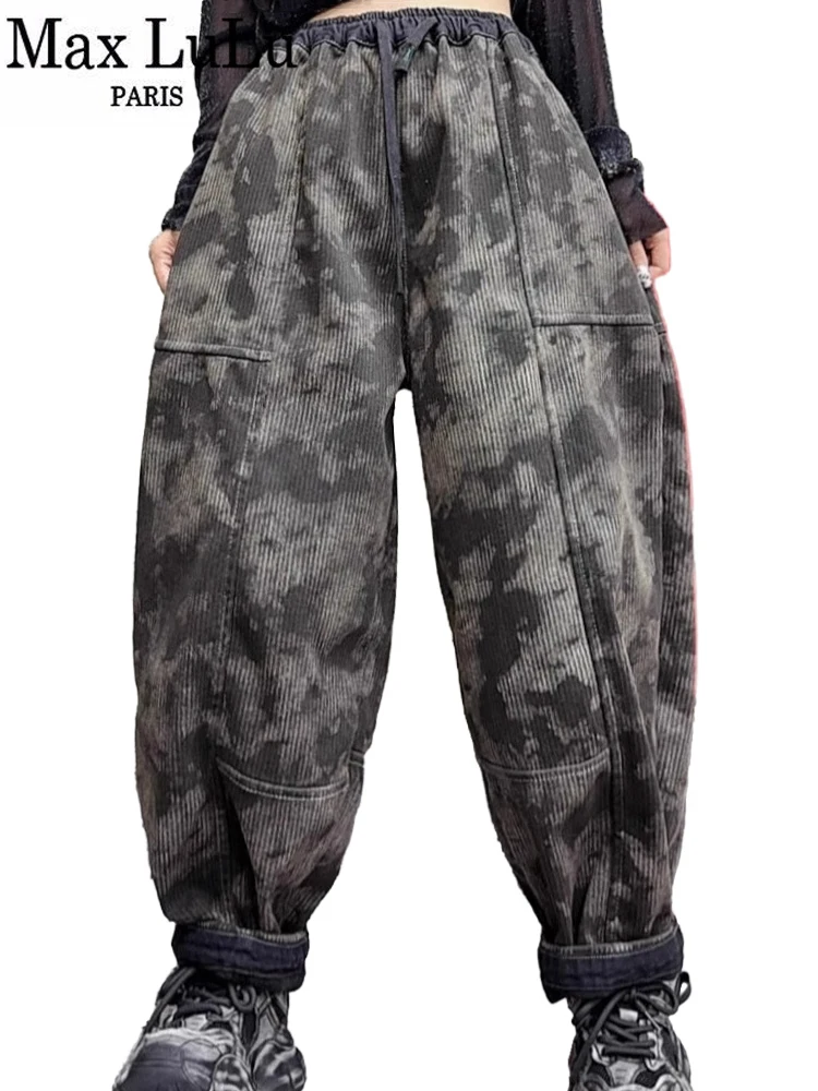 Max LuLu Winter Fashion Fur Jeans Womens Loose Vintage Camouflage Denim Pants Ladies Casual Classic Thicken Warm Harem Trousers