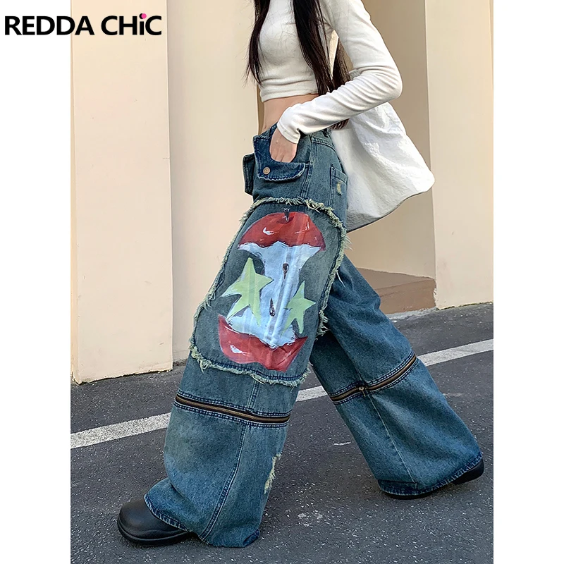 REDDACHiC Zipper Detachable Wide Leg Pants Women Star Graffiti Frayed Patchwork Cargo Pockets Baggy Jeans Retro Y2k Streetwear