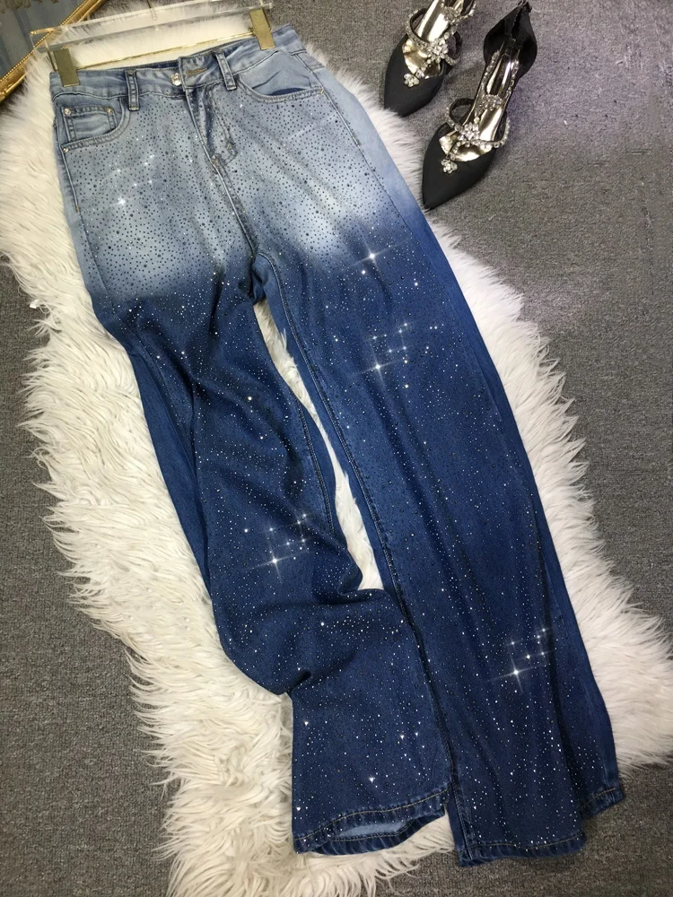 Women's Jeans High Waist Full Diamonds Loose Blue Long Straight Wide Leg Luxury Denim Pants 2023 Summer New Fashion