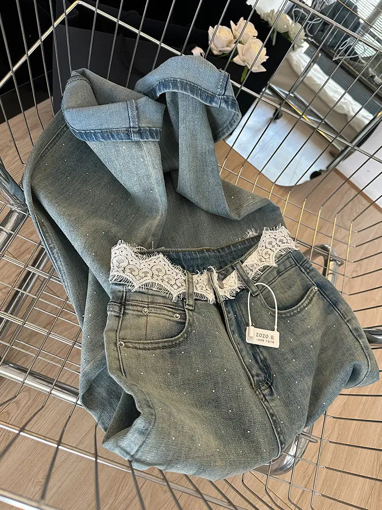 Lace Waist Small Rhinestone Design Jeans for Women 2024 Summer New High Waist Straight Loose-Fitting Wide-Leg Trousers