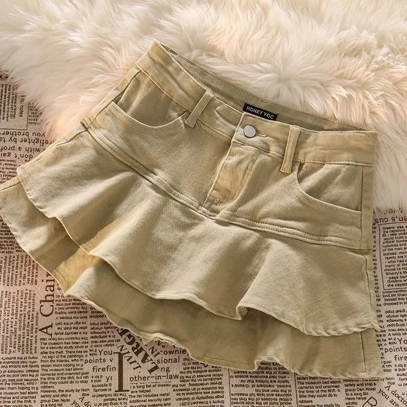 Streetwear Women Khaki Denim Skirts High Waist Short Jean Skirts Stretch Slim Sexy Pleated Skirt Spring Summer A-Line Pantskirts