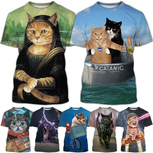 Fashion Funny Cute Cat 3D Printing T-Shirt Men/Women Animal Creative Personality Interesting Street Round Neck Short Sleeve Tops