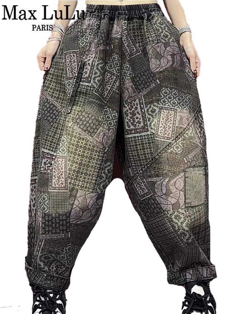 Max LuLu 2024 Winter Fashion Jeans Ladies Loose Printed Denim Pants Womens Classic Casual Vintage Elastic Waist Harem Trousers