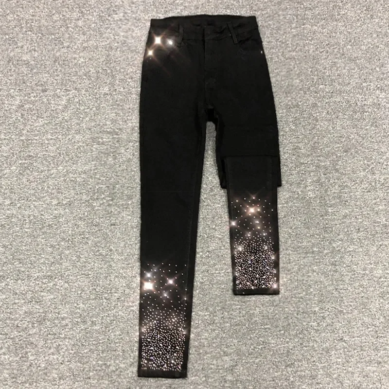 Spring Summer 2024 New Fashion Harem Denim Pants Female Rhinestones Korean Version High Waist Slim Elastic Jeans Pencil Pants