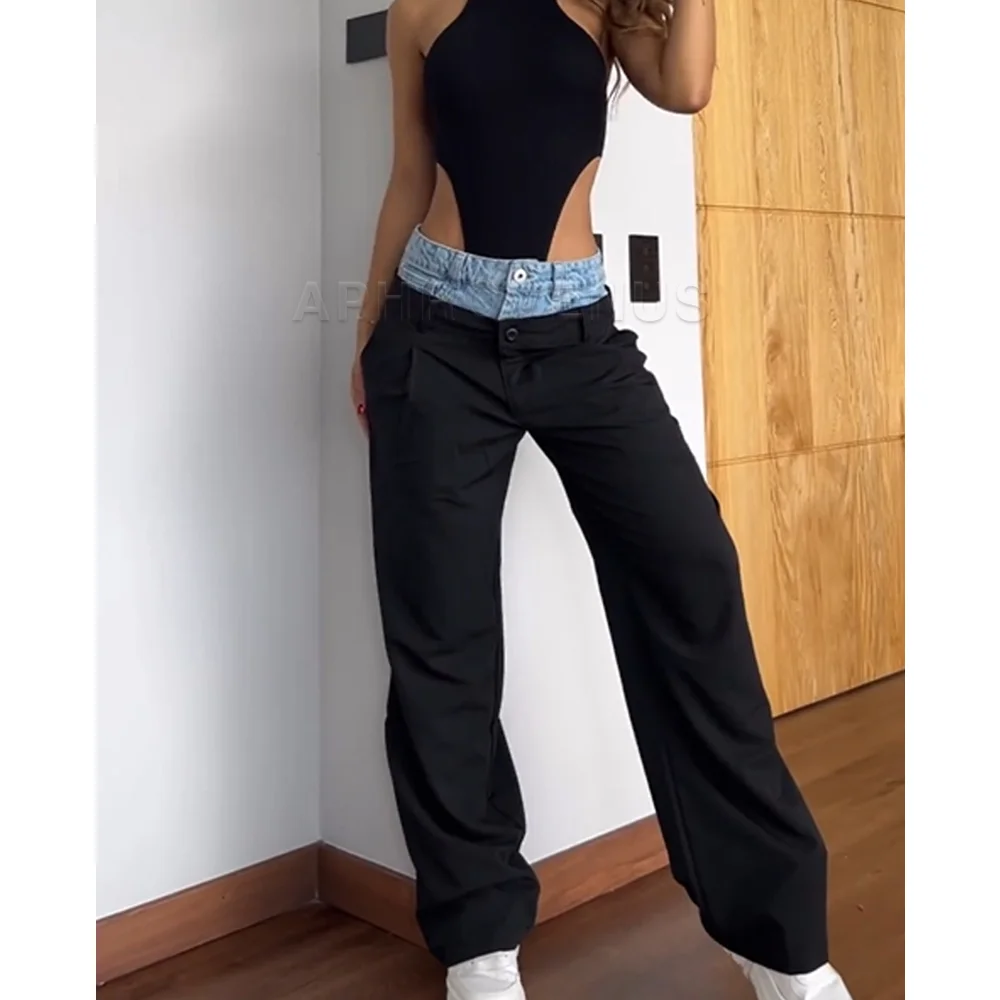 Fashion Women's Jeans Slim Waist Patchwork Colorblock High Waist Long Stretch Denim Pants Straight Trouser Wide Leg Jeans