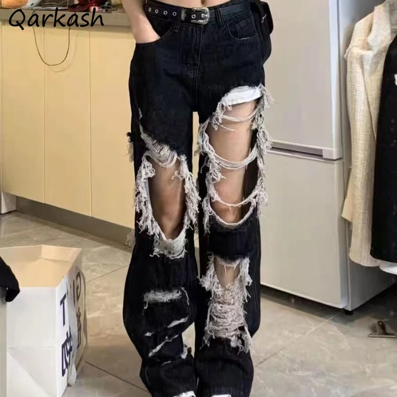 Frayed Jeans Women Straight High Waist Fashion Simple Leisure All-match Fur-line Designer Korean Style Hole Streetwear Female